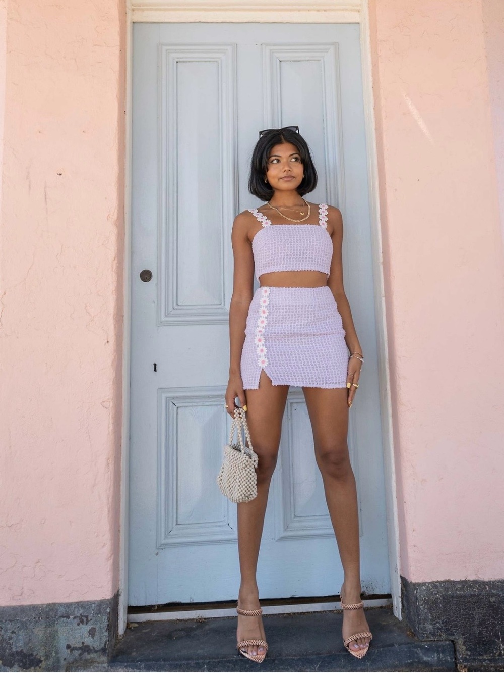 Labelrail × Pose and Repeat Two-piece Set in Lilac Texture with Flower Trim